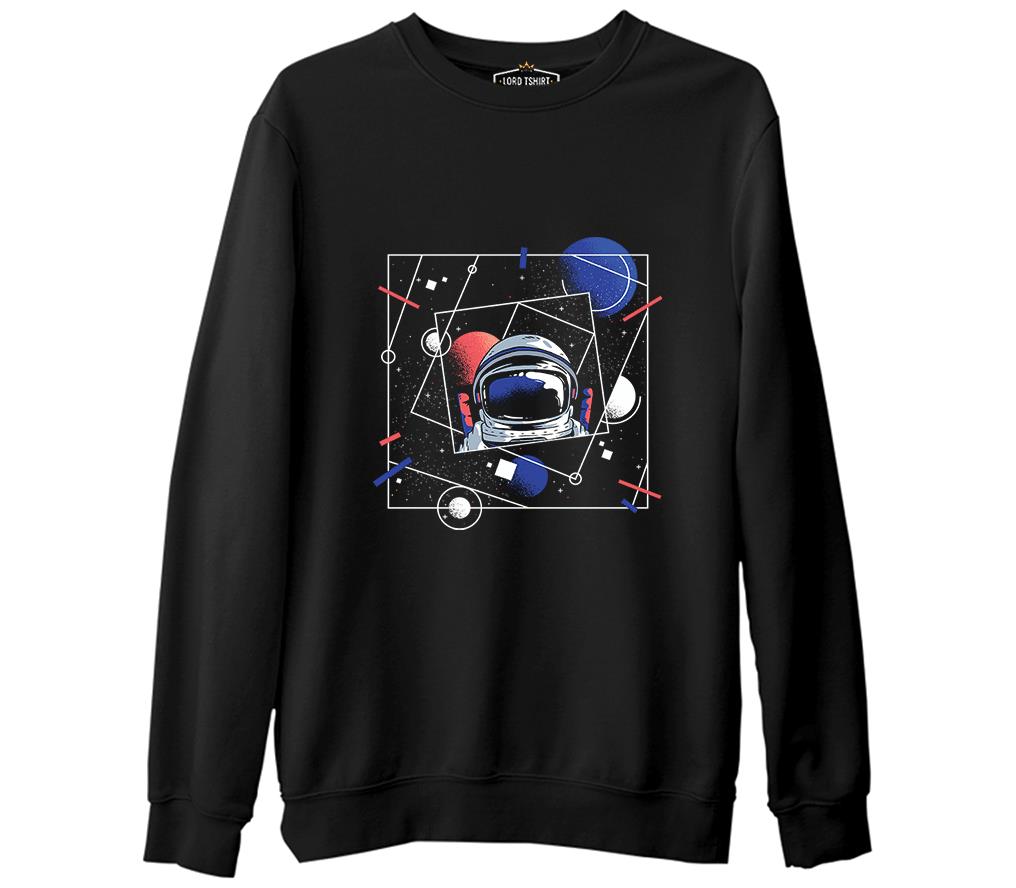 Astronaut with a Geometric Space Background Siyah Erkek Kalın Sweatshirt