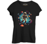 Astronot - Gezegenlere Yolculuk Siyah Bayan Tshirt