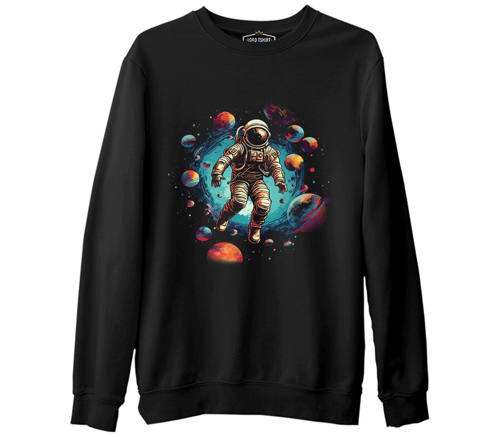 Astronot - Gezegenlere Yolculuk Siyah Erkek Kalın Sweatshirt