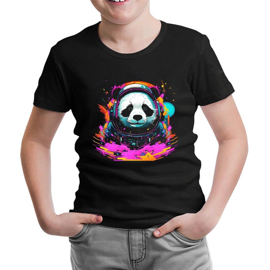 Astronaut Panda Black Kids Tshirt 