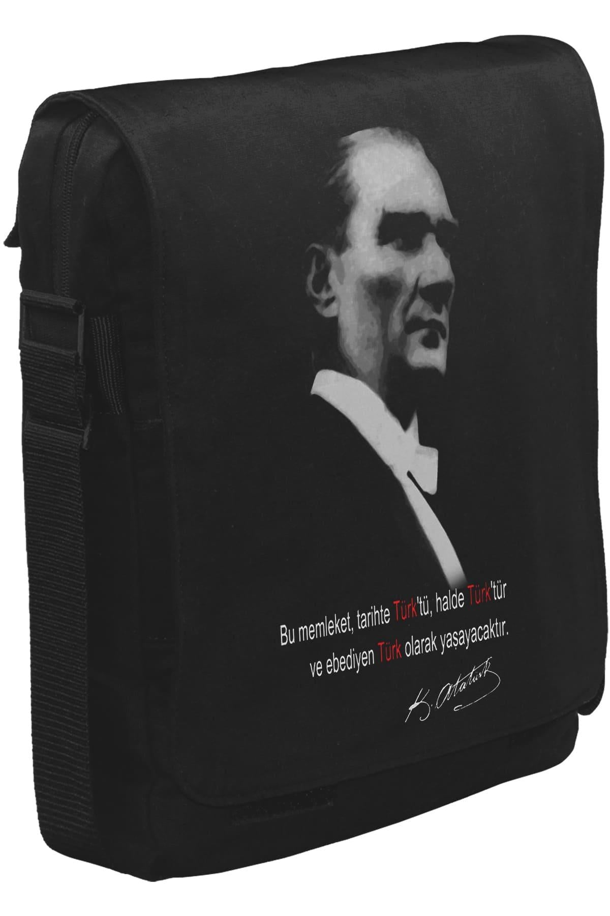Atatürk - Ebediyen Türk Unisex Siyah Postacı Çanta