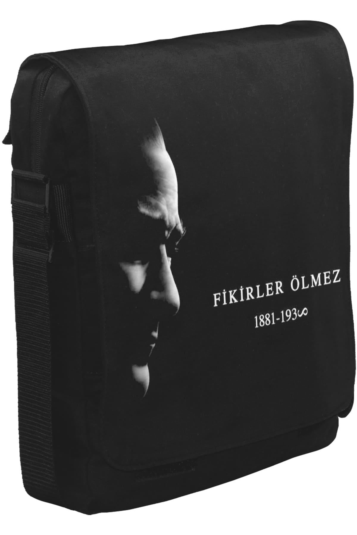 Atatürk - Fikirler Ölmez Unisex Siyah Postacı Çanta