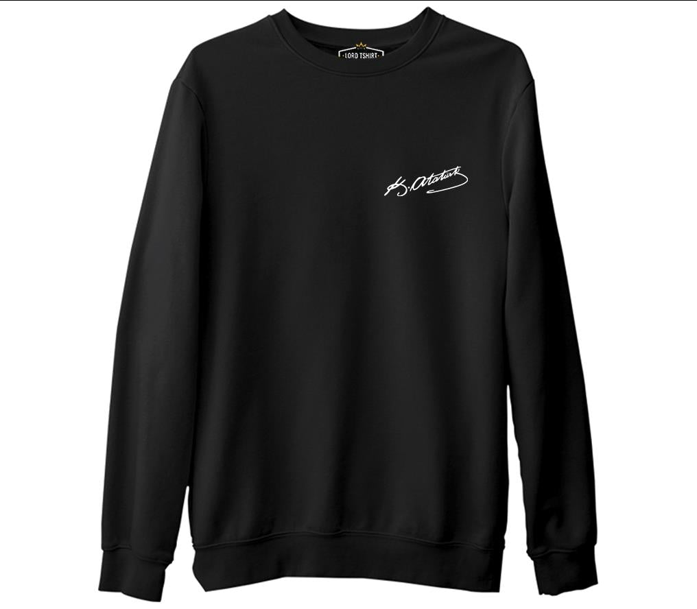 Atatürk İmza - Göğüs Logo Siyah Erkek Kalın Sweatshirt