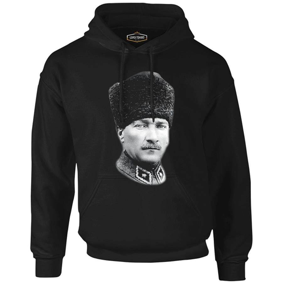 Atatürk - Portre Apolet Siyah Erkek Fermuarsız Kapşonlu