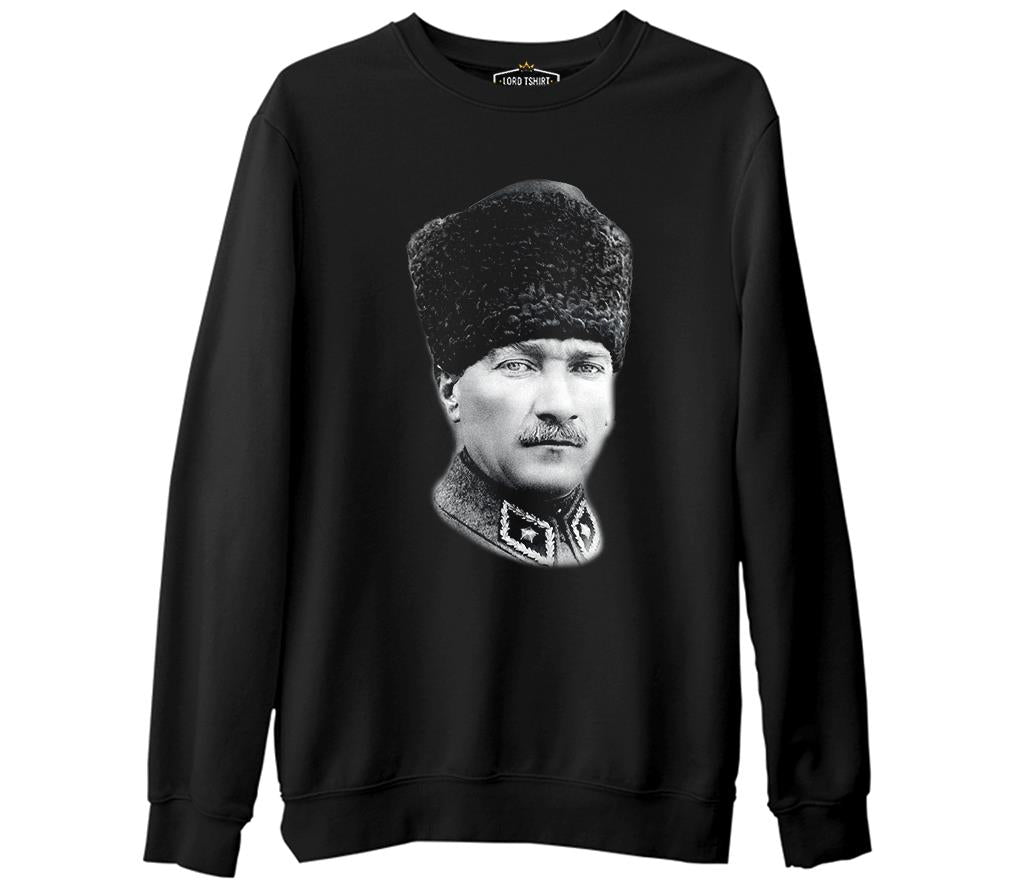 Atatürk - Portre Apolet Siyah Erkek Kalın Sweatshirt