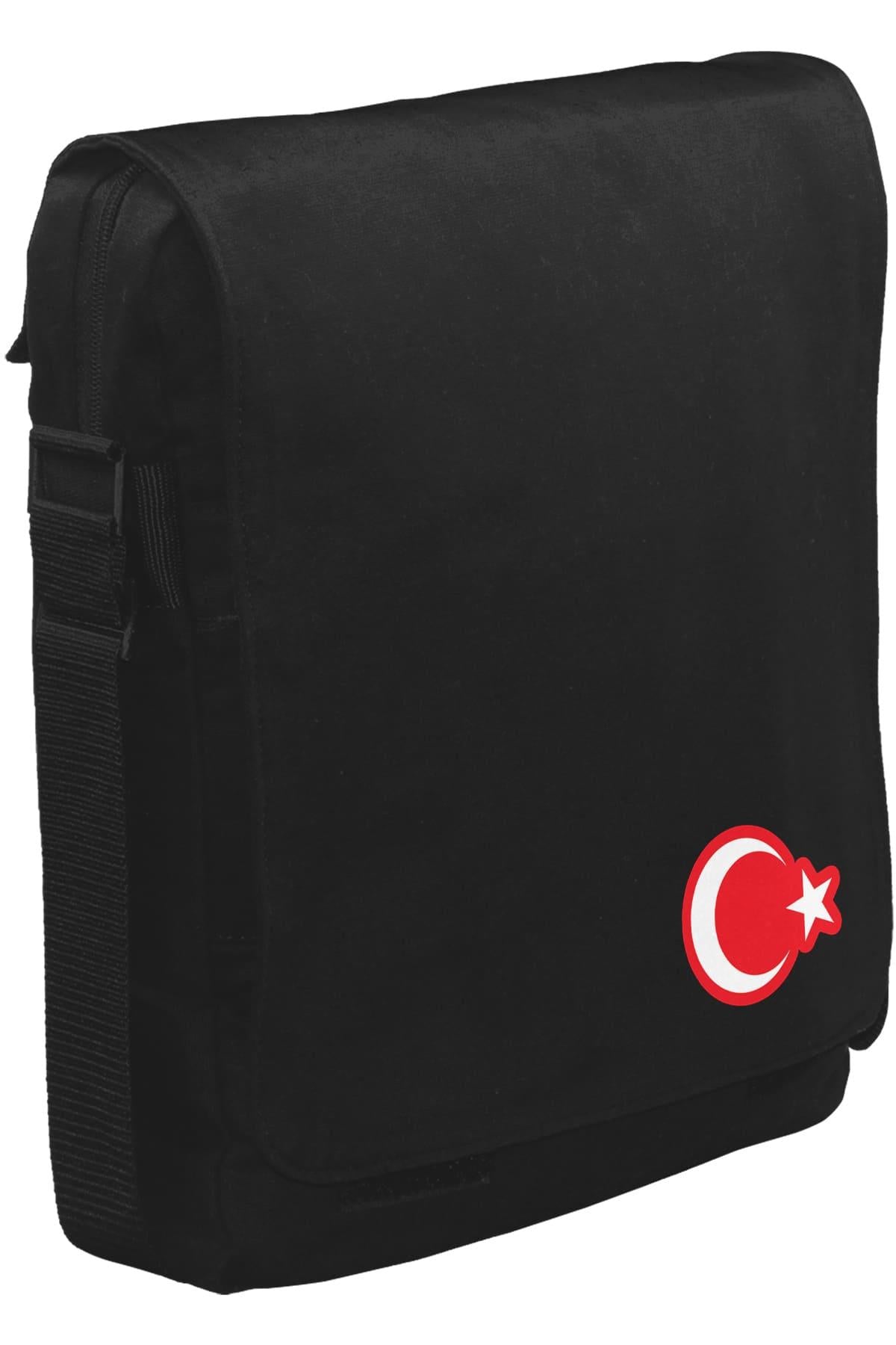 Ay Yıldız - Göğüs Logo Unisex Siyah Postacı Çanta