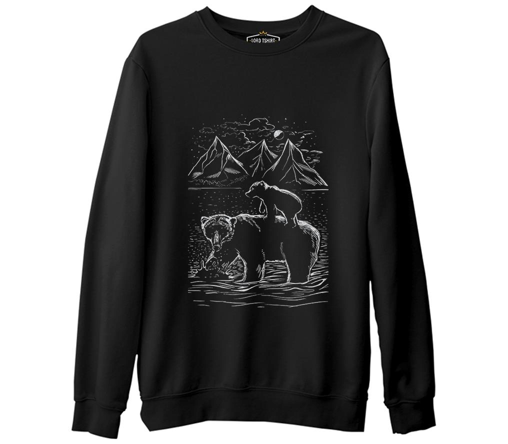 Baby and Parent Bear in the Lake Black Men's Thick Sweatshirt 