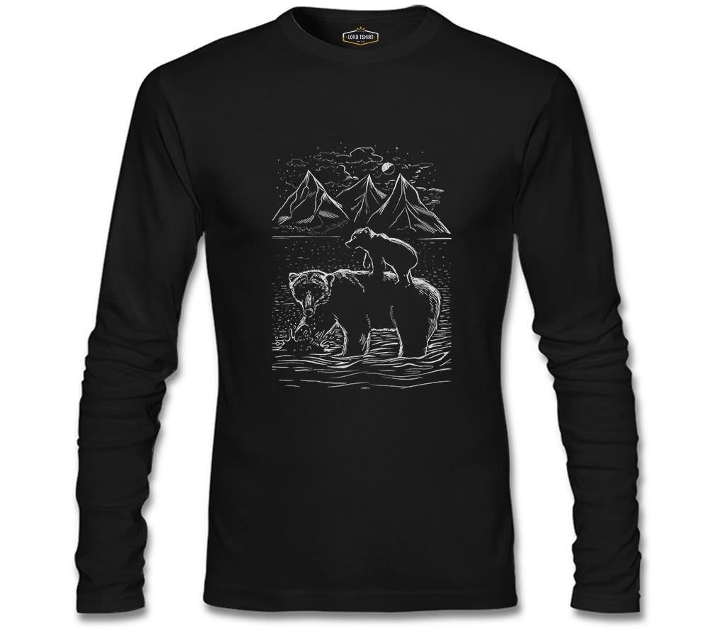 Baby and Parent Bear in the Lake Siyah Erkek Sweatshirt