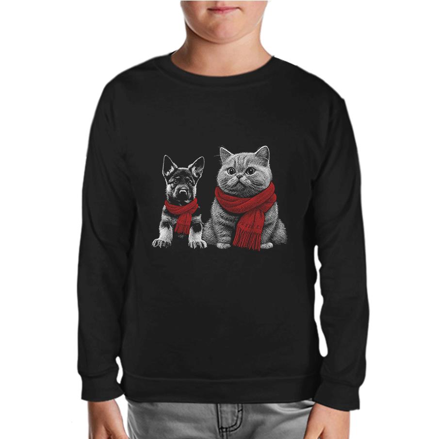 Baby Dog and a Cat Wearing Scarves Black Kids Sweatshirt