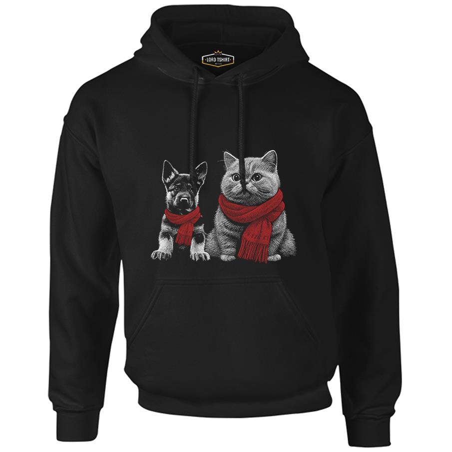 Baby Dog and a Cat Wearing Scarves Siyah Erkek Fermuarsız Kapşonlu