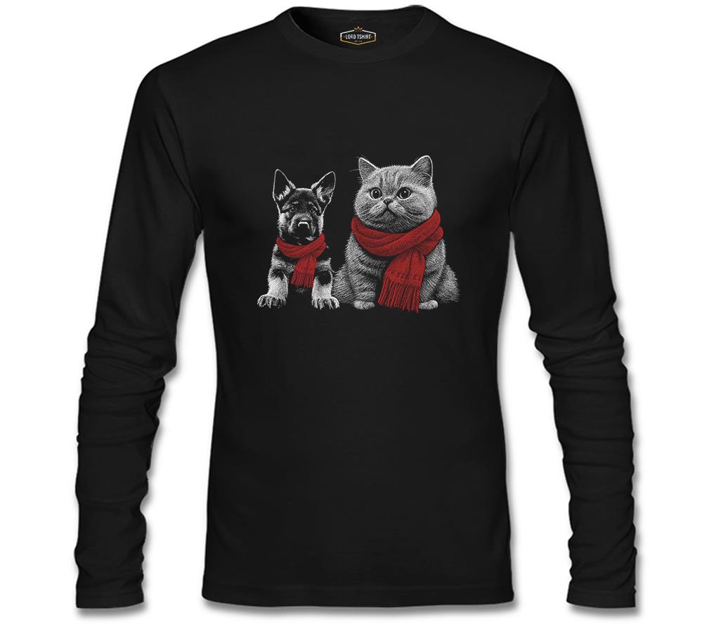 Baby Dog and a Cat Wearing Scarves Siyah Erkek Sweatshirt