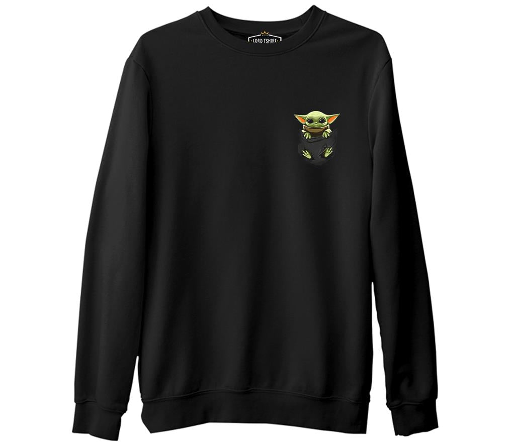Baby Yoda - Pocket Siyah Unisex Kalın Sweatshirt