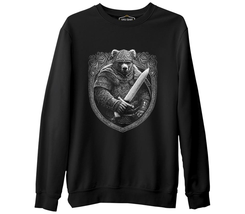 Bear Dressed as a Viking with a Sword Siyah Erkek Kalın Sweatshirt