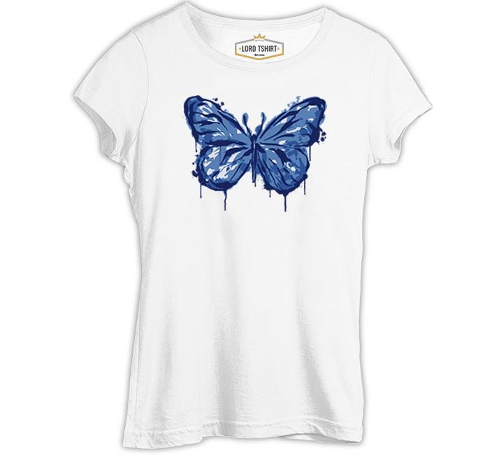 Beautiful Blue Butterfly Beyaz Kadın Tshirt