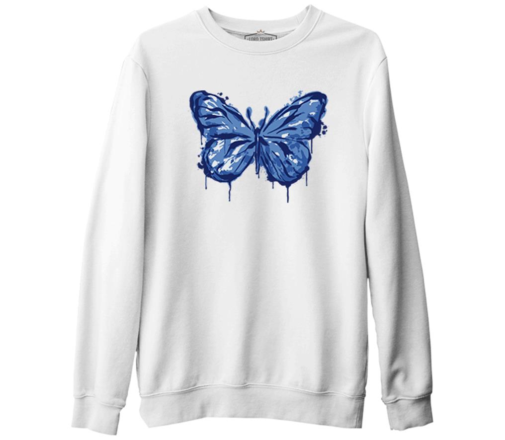 Beautiful Blue Butterfly Beyaz Erkek Kalın Sweatshirt
