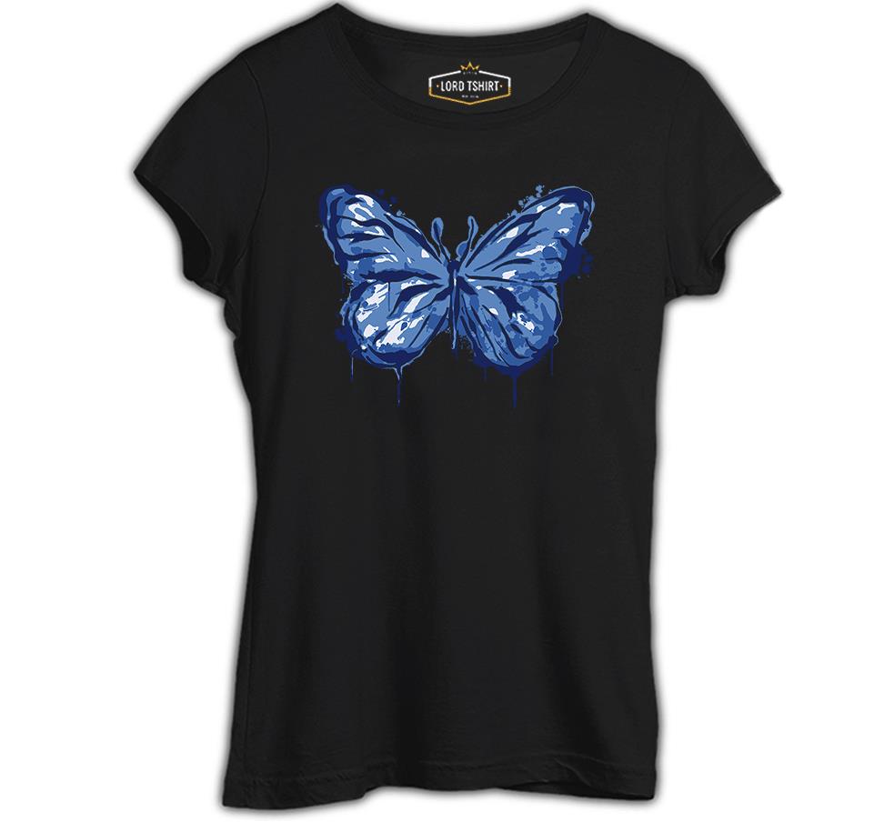 Beautiful Blue Butterfly Siyah Kadın Tshirt