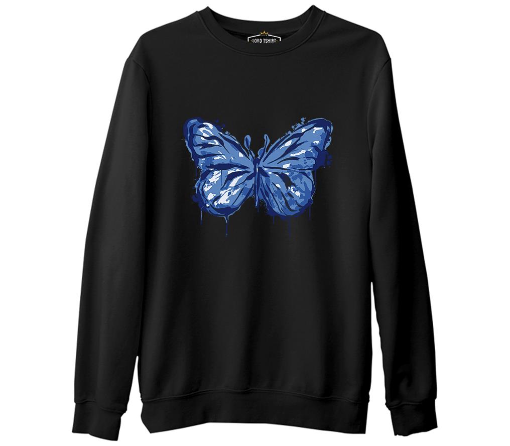Beautiful Blue Butterfly Siyah Erkek Kalın Sweatshirt
