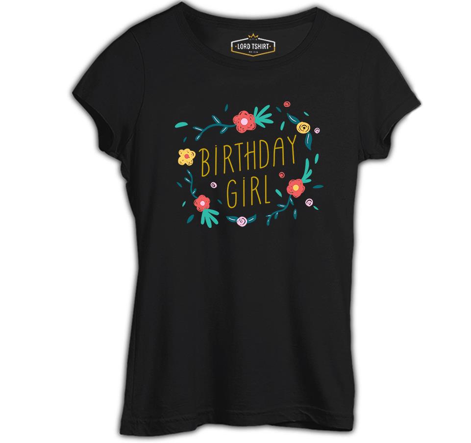 Birthday Girl Quote with Flowers and Leaves Black Women's Tshirt