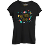 Birthday Girl Quote with Flowers and Leaves Black Women's Tshirt