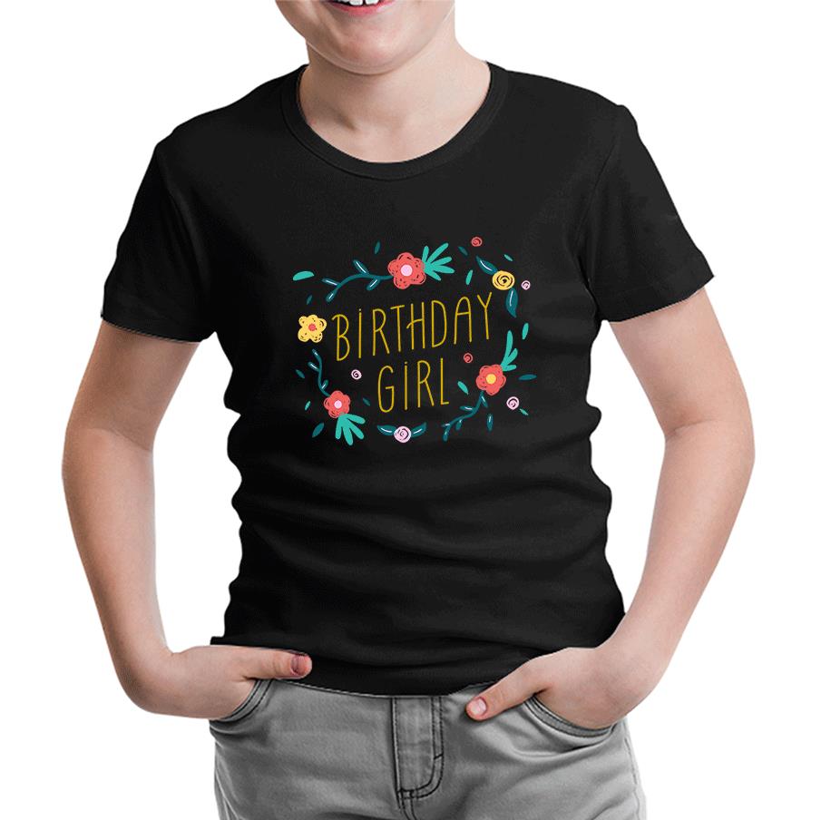 Birthday Girl Quote with Flowers and Leaves Siyah Çocuk Tshirt
