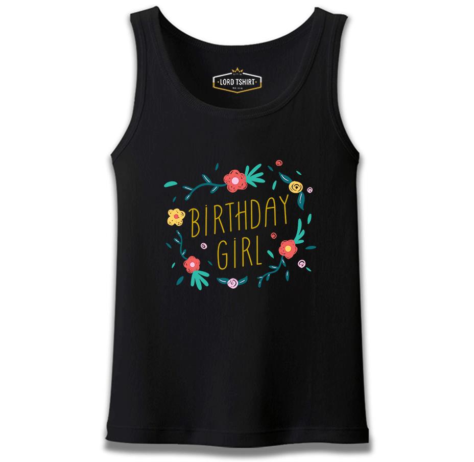 Birthday Girl Quote with Flowers and Leaves Siyah Erkek Atlet