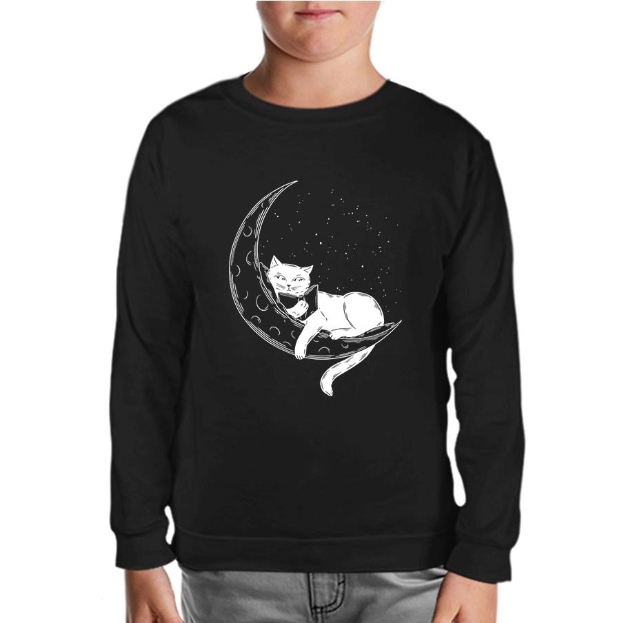 Black Cat Reading on the Moon Siyah Çocuk Sweatshirt