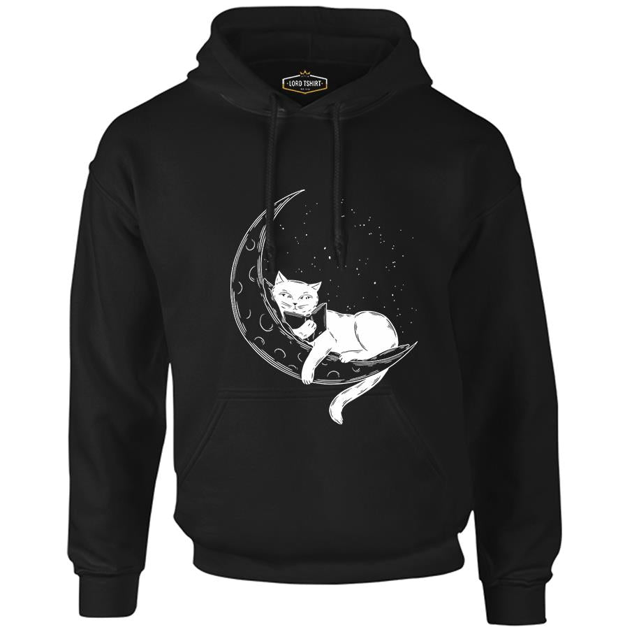 Black Cat Reading on the Moon Siyah Erkek Fermuarsız Kapşonlu
