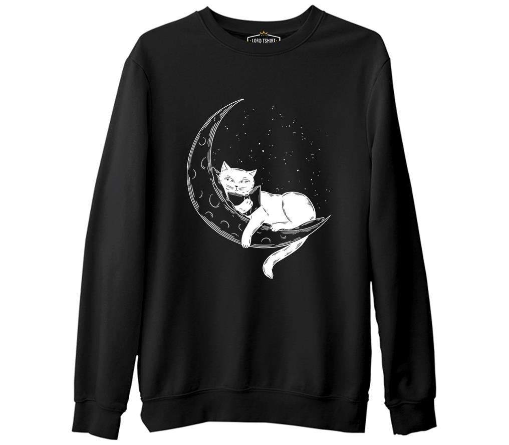 Black Cat Reading on the Moon Siyah Erkek Kalın Sweatshirt