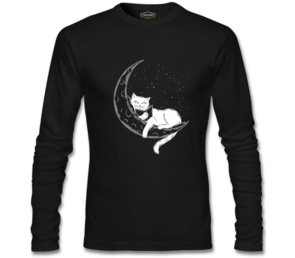 Black Cat Reading on the Moon Siyah Erkek Sweatshirt