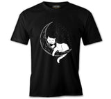 Black Cat Reading on the Moon Siyah Erkek Tshirt