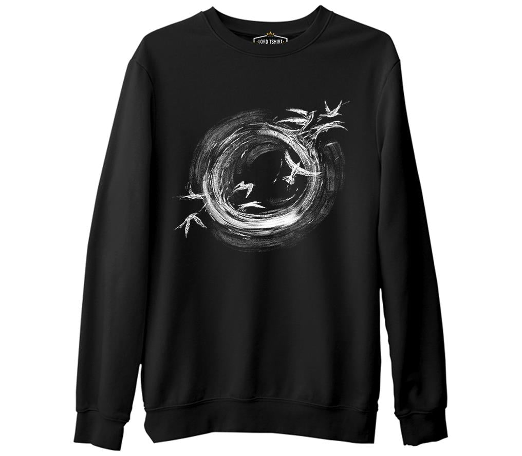 Black Hole Birds Flying Around Siyah Erkek Kalın Sweatshirt