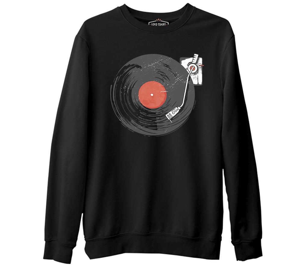 Black Vinyl on Black Siyah Erkek Kalın Sweatshirt