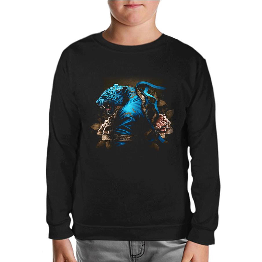 Blue Chinese Tiger with Flowers and Ribbon Black Kids Sweatshirt