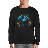 Blue Chinese Tiger with Flowers and Ribbon Black Kids Sweatshirt