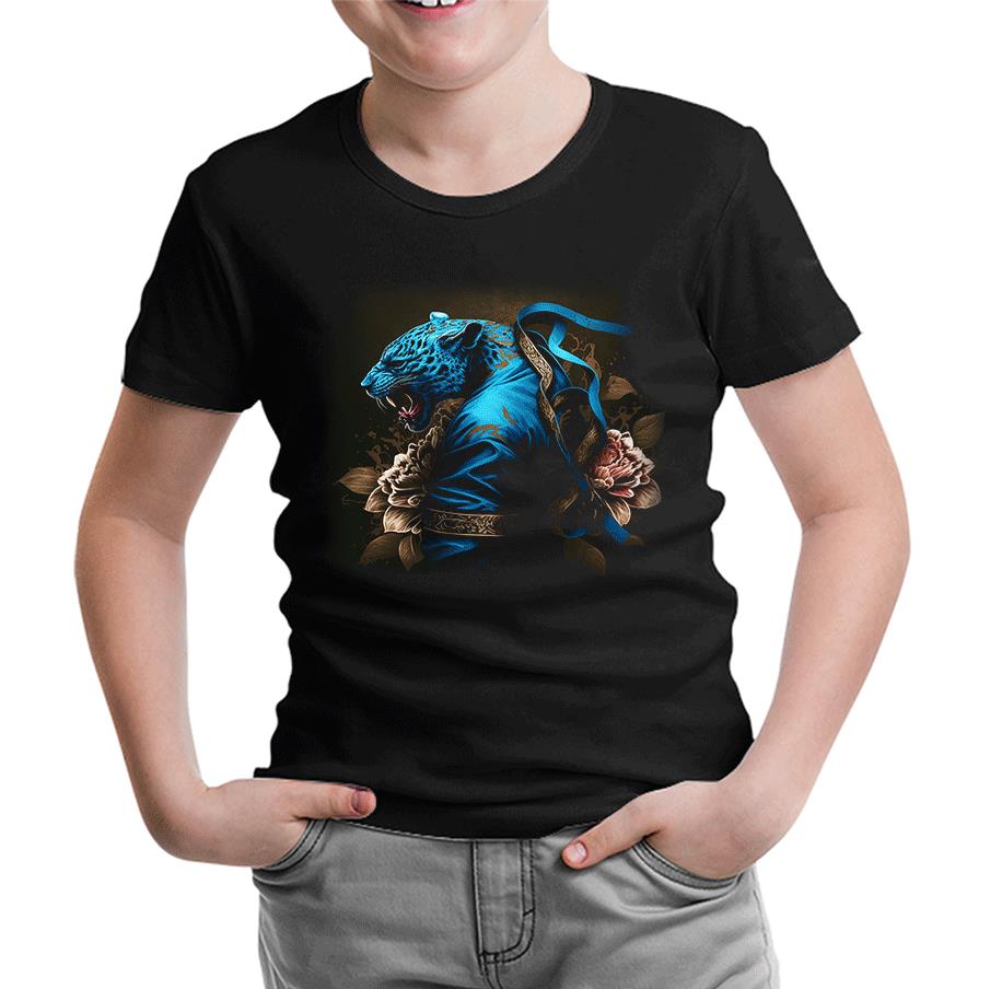 Blue Chinese Tiger with Flowers and Ribbon Siyah Çocuk Tshirt