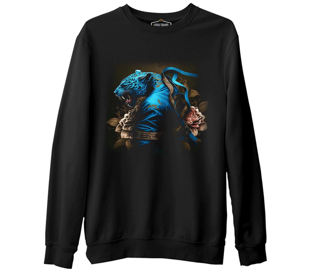 Blue Chinese Tiger with Flowers and Ribbon Siyah Erkek Kalın Sweatshirt