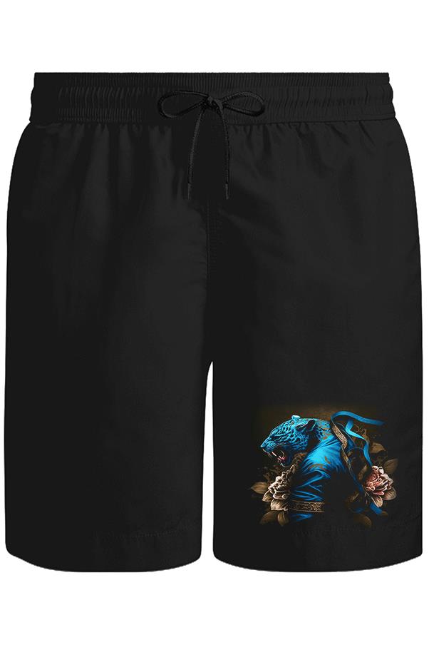 Blue Chinese Tiger with Flowers and Ribbon Unisex Siyah Şort