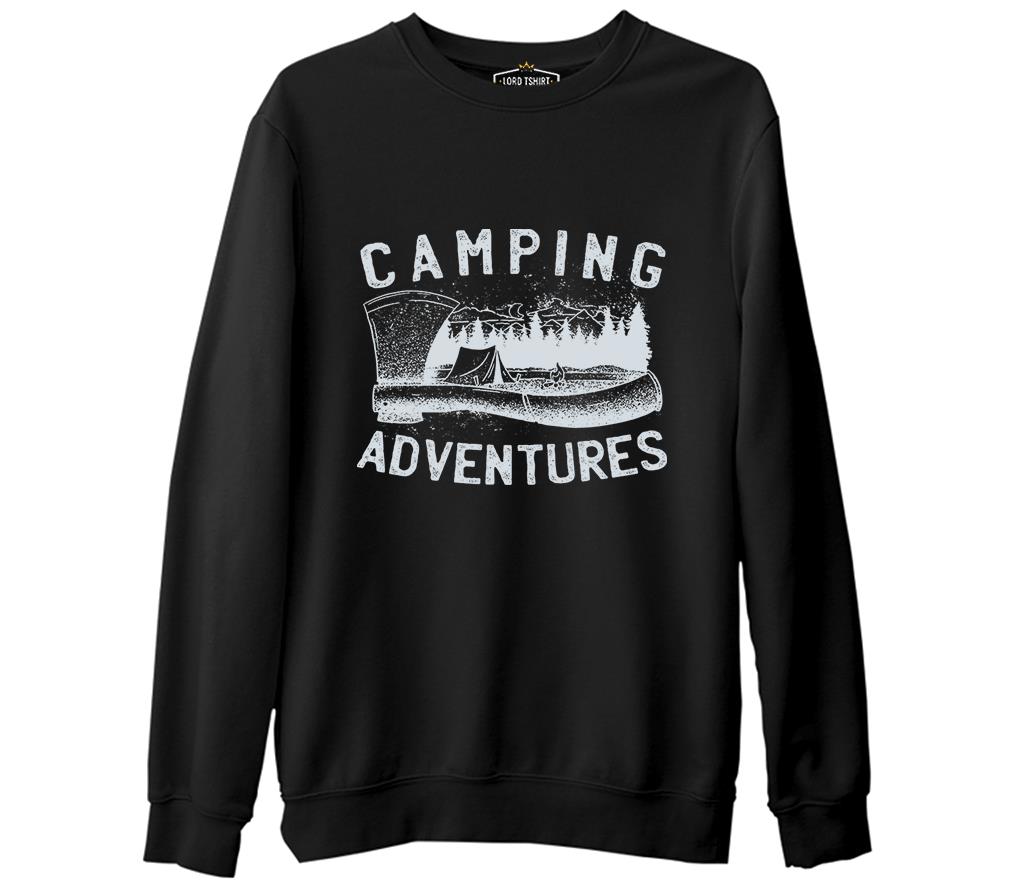 Camping Adventure Axe and Tent Siyah Erkek Kalın Sweatshirt