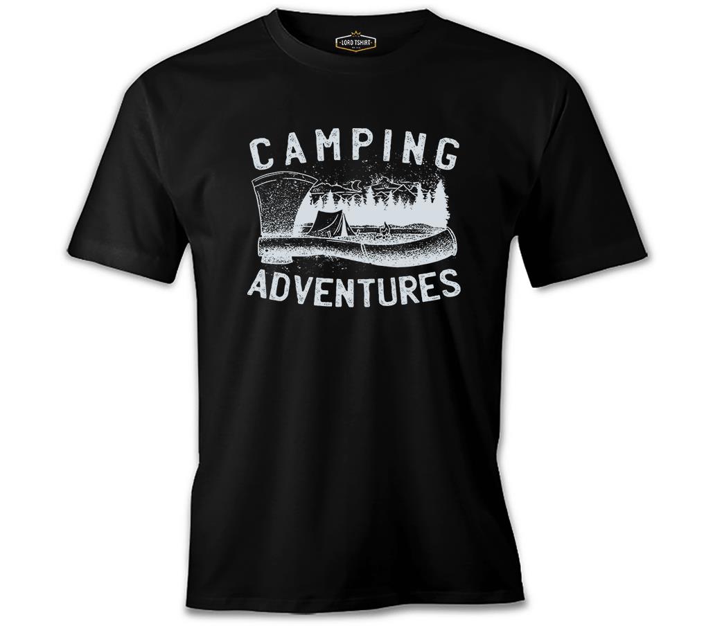 Camping Adventure Axe and Tent Siyah Erkek Tshirt