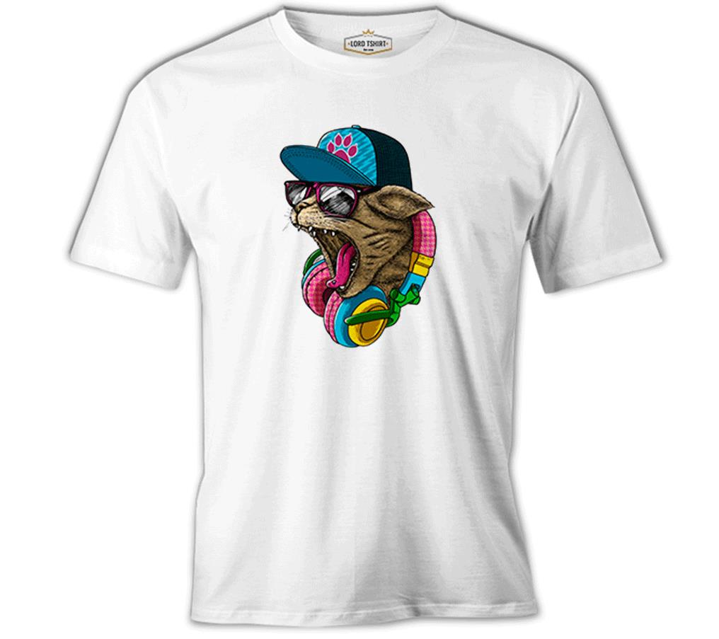Cat Headphone Müzik Beyaz Erkek Tshirt