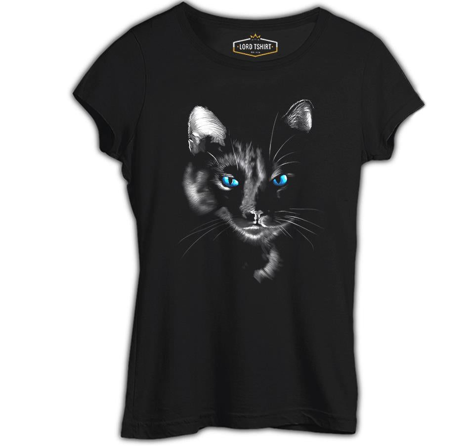 Cat in Blue Siyah Kadın Tshirt