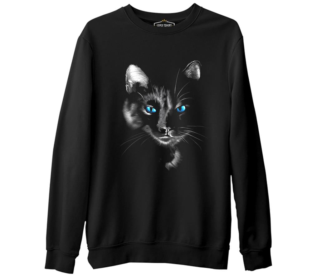 Cat in Blue  Siyah Erkek Kalın Sweatshirt