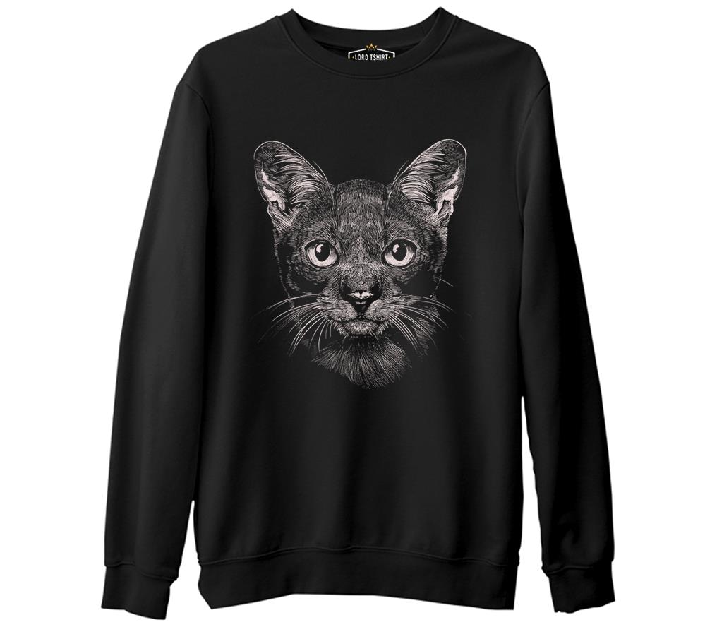 Cat Realistic Siyah Erkek Kalın Sweatshirt