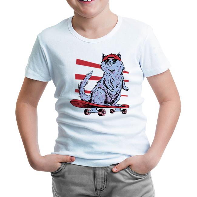 Cat Riding a Skateboard White Kids Tshirt