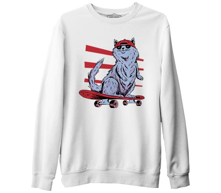 Cat Riding a Skateboard White Men's Thick Sweatshirt