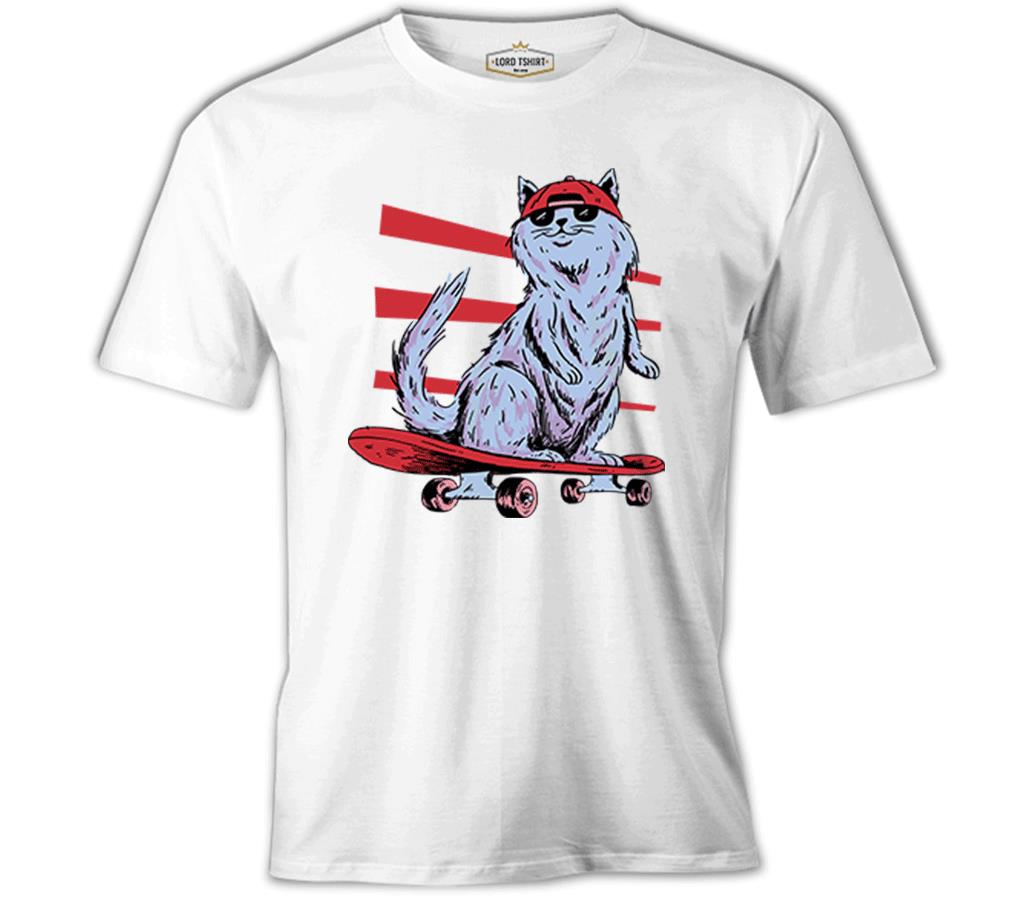 Cat Riding a Skateboard Beyaz Erkek Tshirt