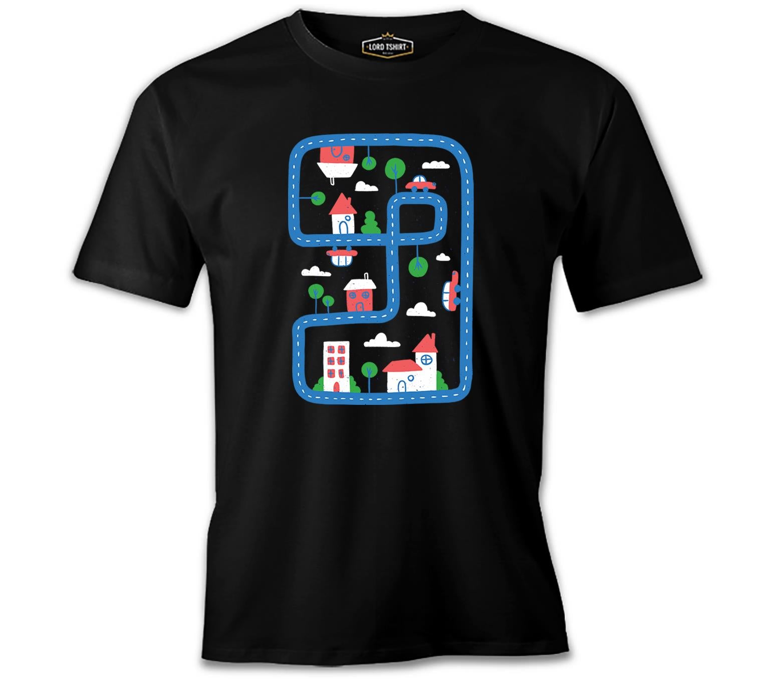 City Roads and Houses in Kids Style Siyah Erkek Tshirt