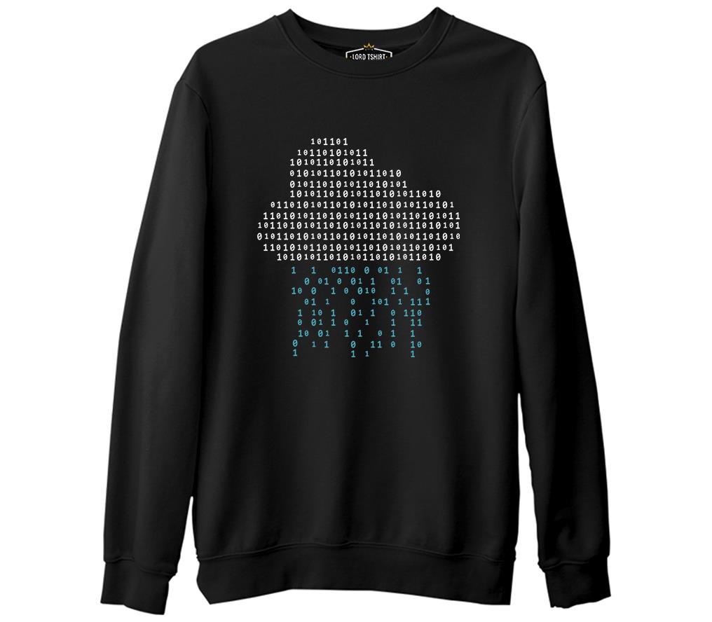 Cloud with Binary Code Numbers Siyah Erkek Kalın Sweatshirt