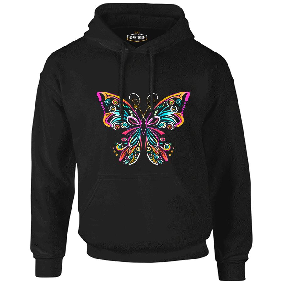 Colorful Butterfly in Geometrical Style Siyah Erkek Fermuarsız Kapşonlu