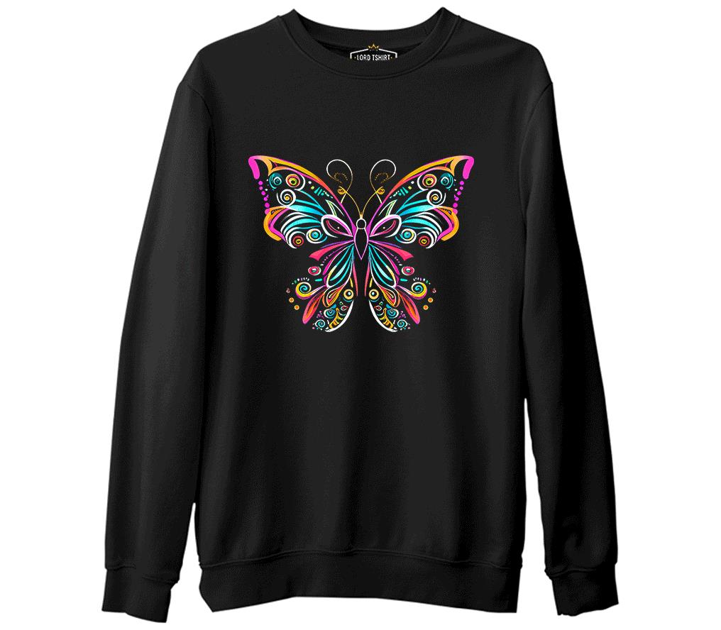 Colorful Butterfly in Geometrical Style Siyah Erkek Kalın Sweatshirt